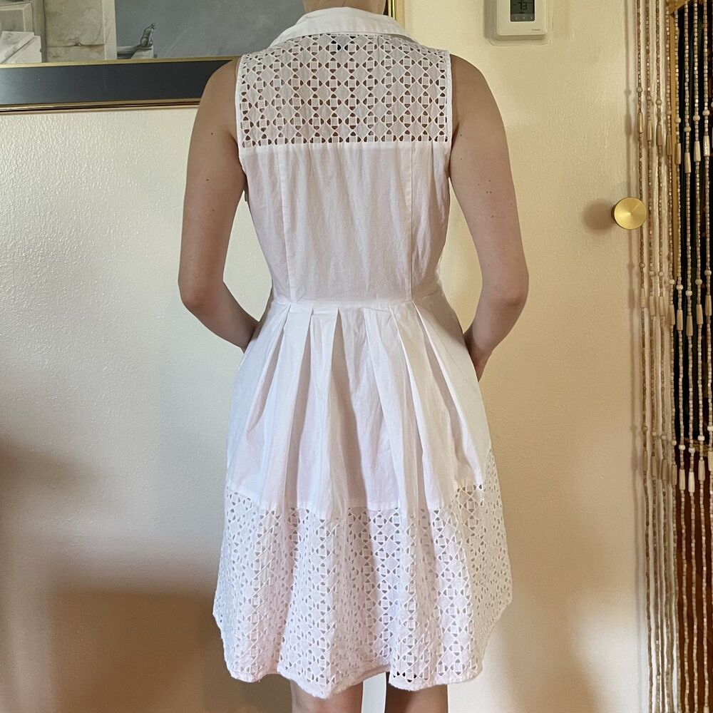 Ann Taylor White 100% Cotton Sundress Shirt Dress Size 4 Eyelet Collar Button - Picture 2 of 6